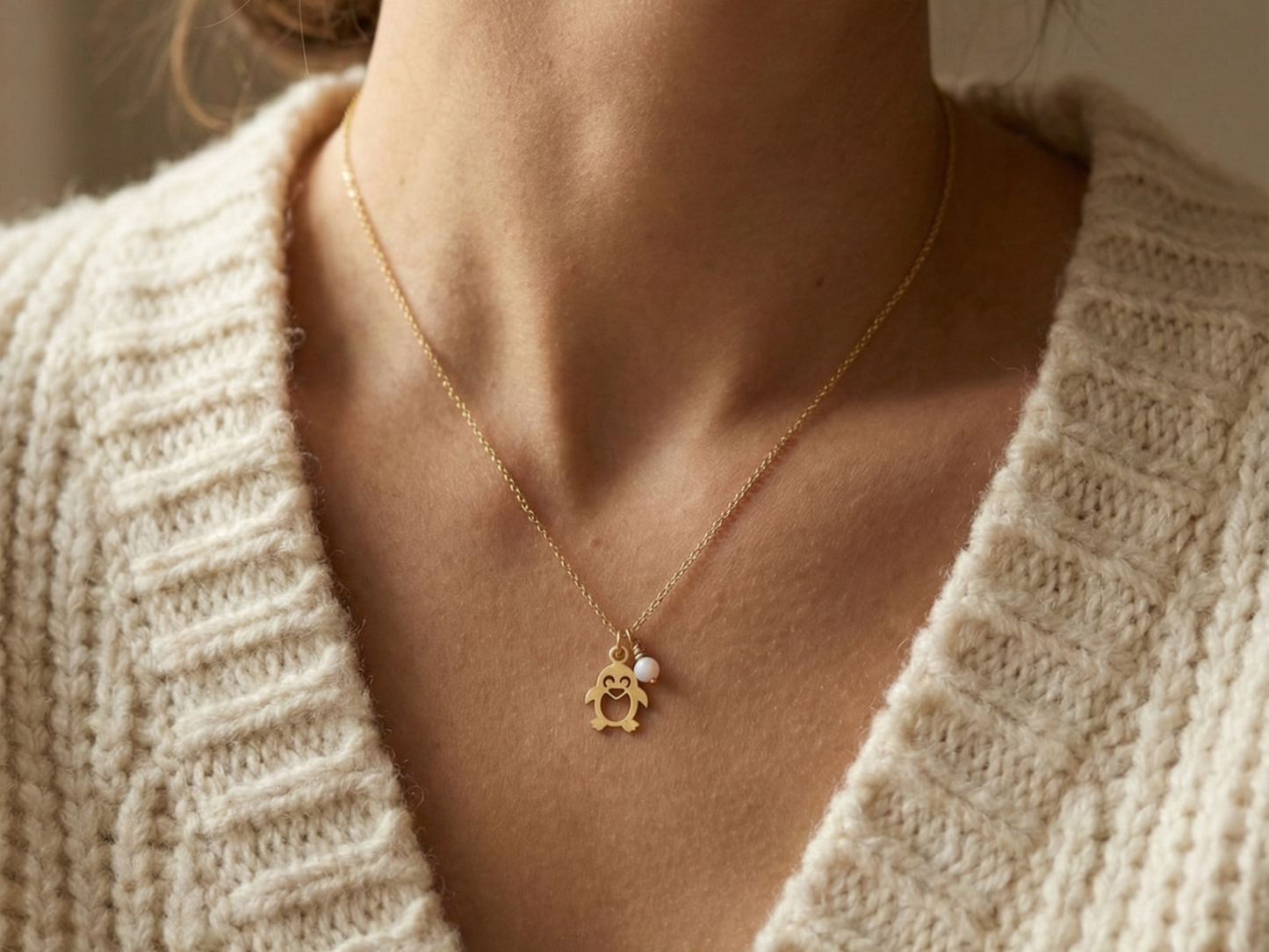 Penguin Necklace with Tiny Opal Charm