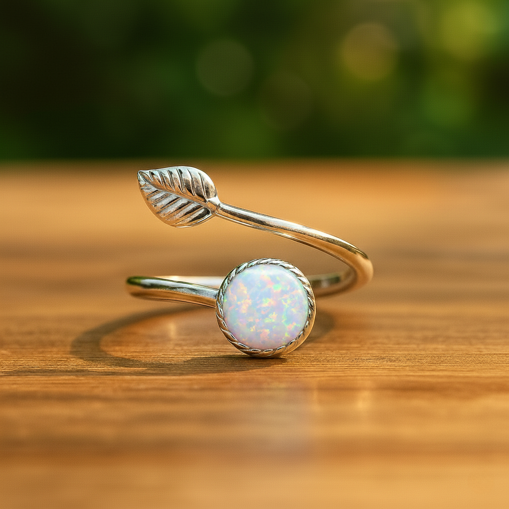 Sterling Silver Opal Leaf Ring – Adjustable Elegance