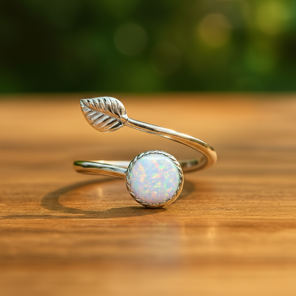 Sterling Silver Opal Leaf Ring – Adjustable Elegance
