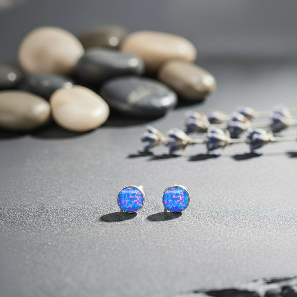 Blue opal stud earrings on a gray surface with stones and lavender in the background