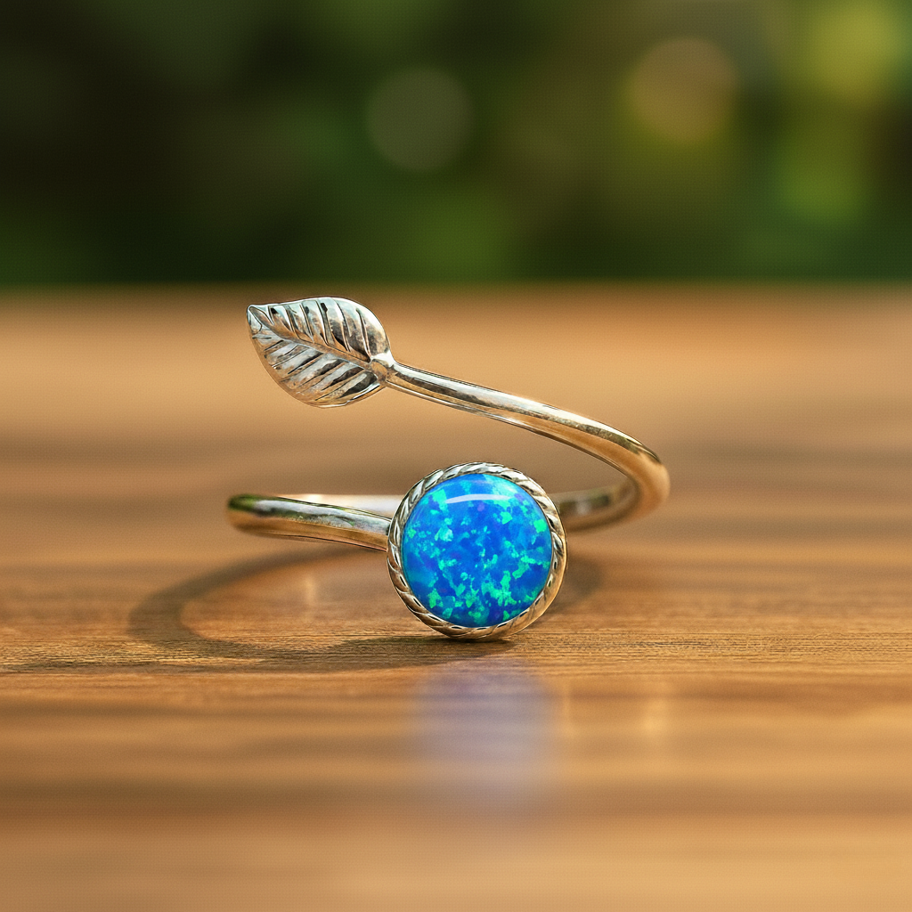 Silver open ring with a blue opal