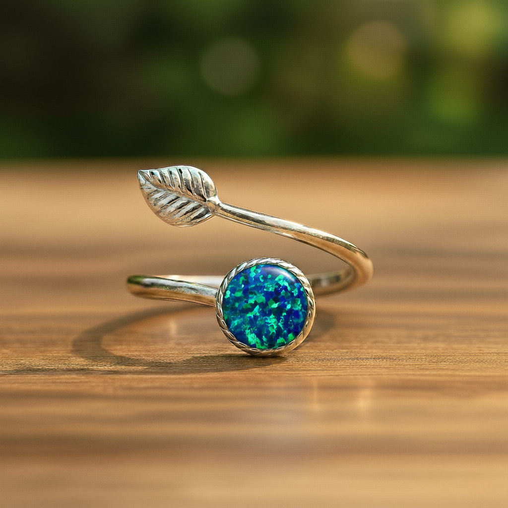 Sterling Silver Opal Leaf Ring – Adjustable Elegance