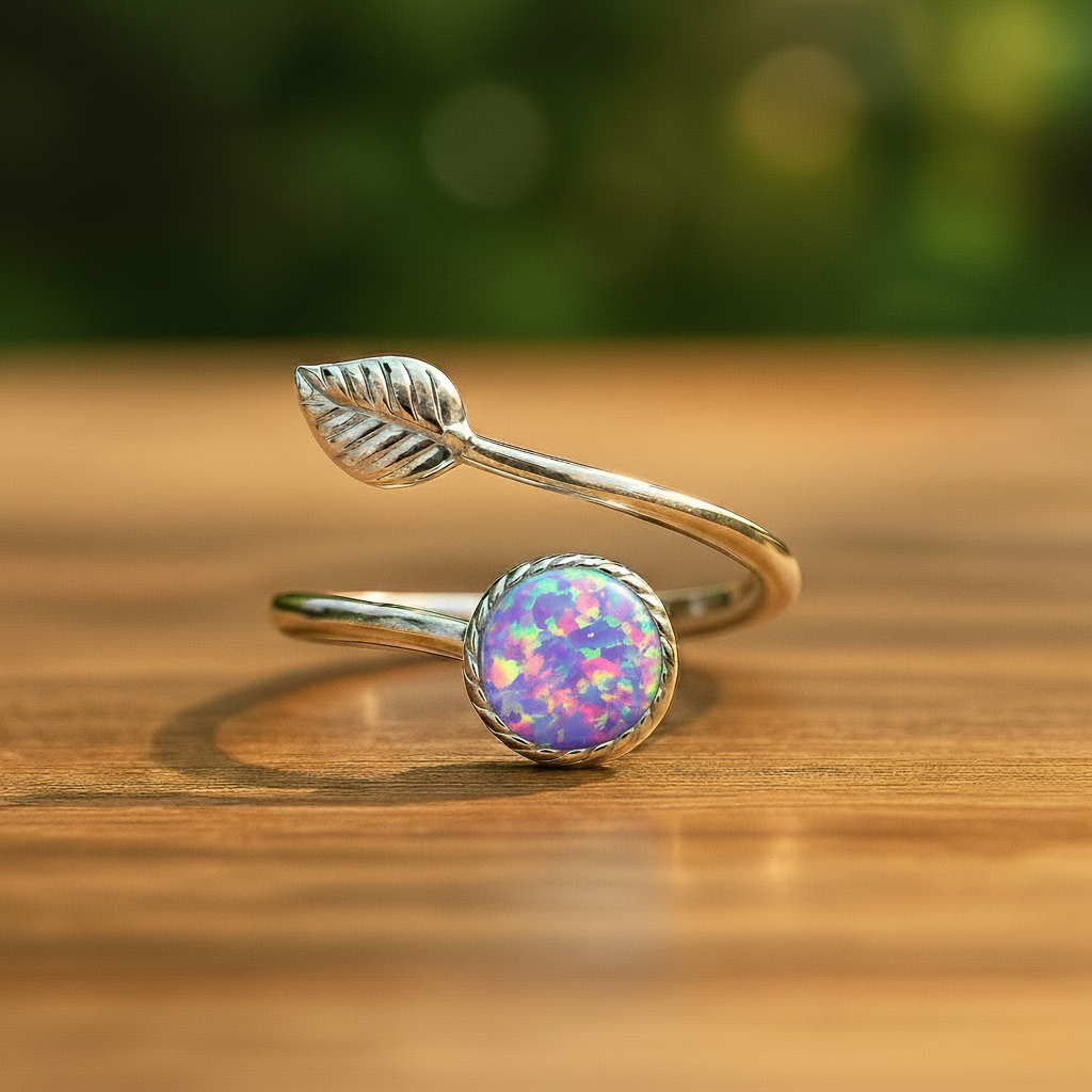 Sterling Silver Opal Leaf Ring – Adjustable Elegance
