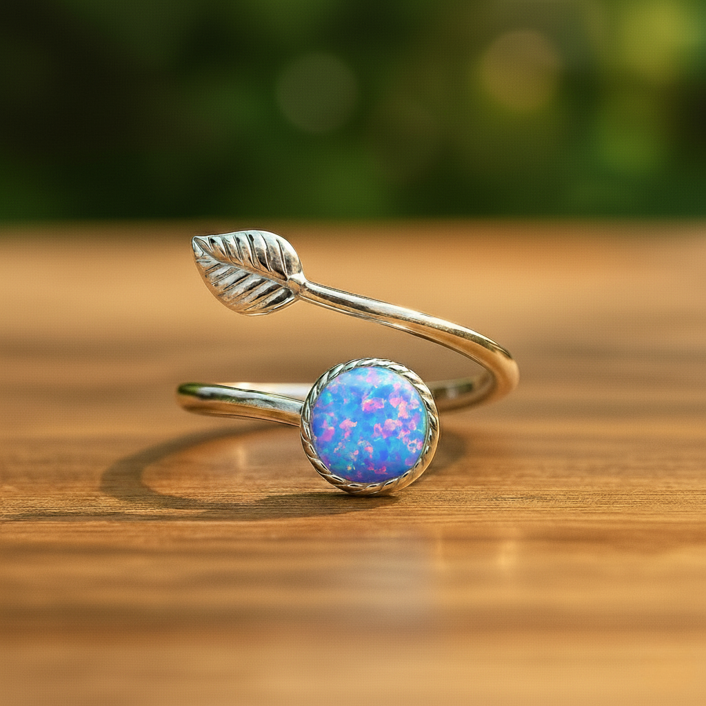 Sterling Silver Opal Leaf Ring – Adjustable Elegance