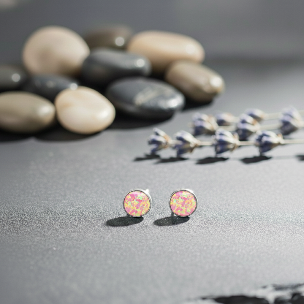 Pair of round earrings with a colorful gemstone on a gray surface with pebbles and lavender in the background.