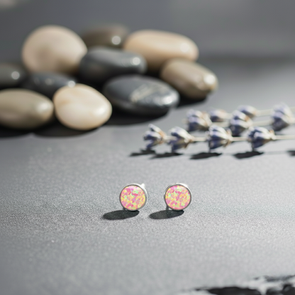 Pair of round earrings with a colorful gemstone on a gray surface with pebbles and lavender in the background.