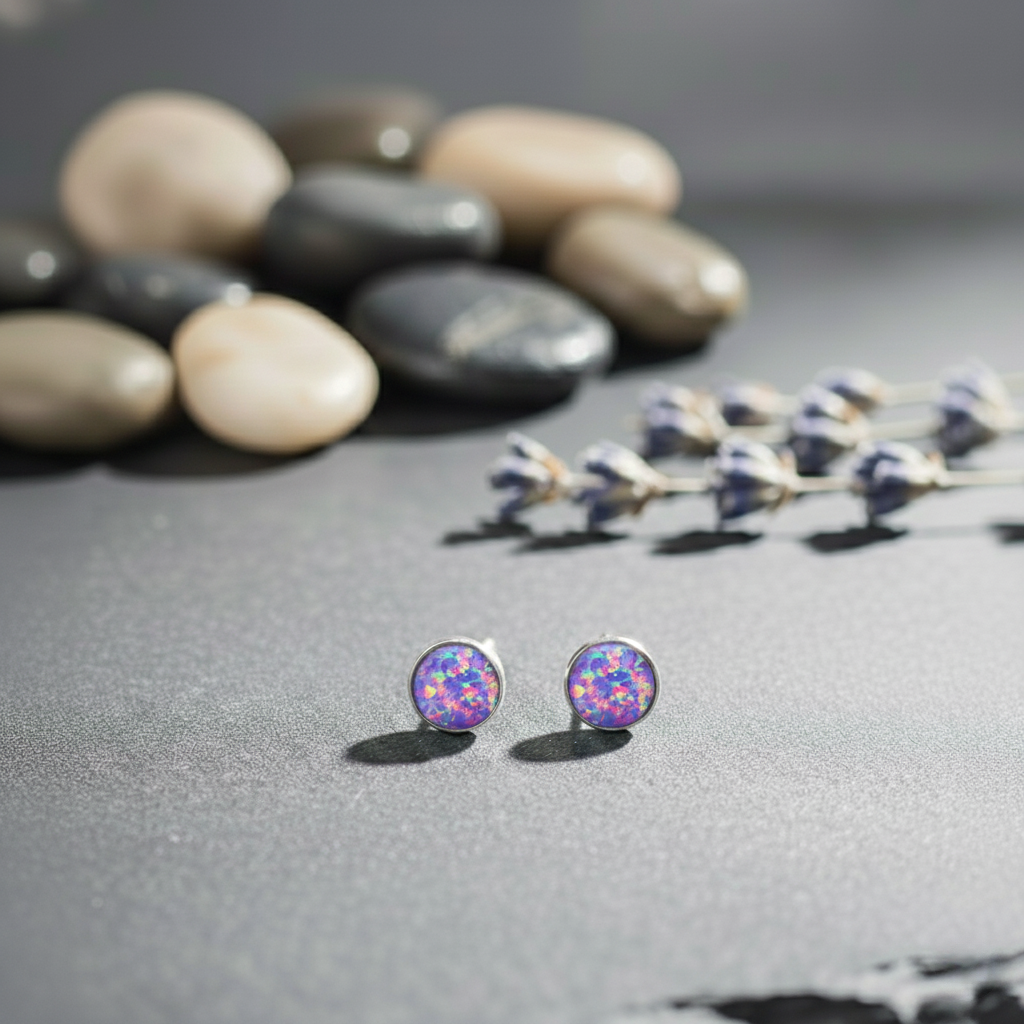 Multicolored round earrings on a gray surface with pebbles and lavender in the background