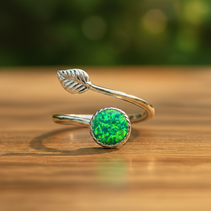 Sterling Silver Opal Leaf Ring – Adjustable Elegance
