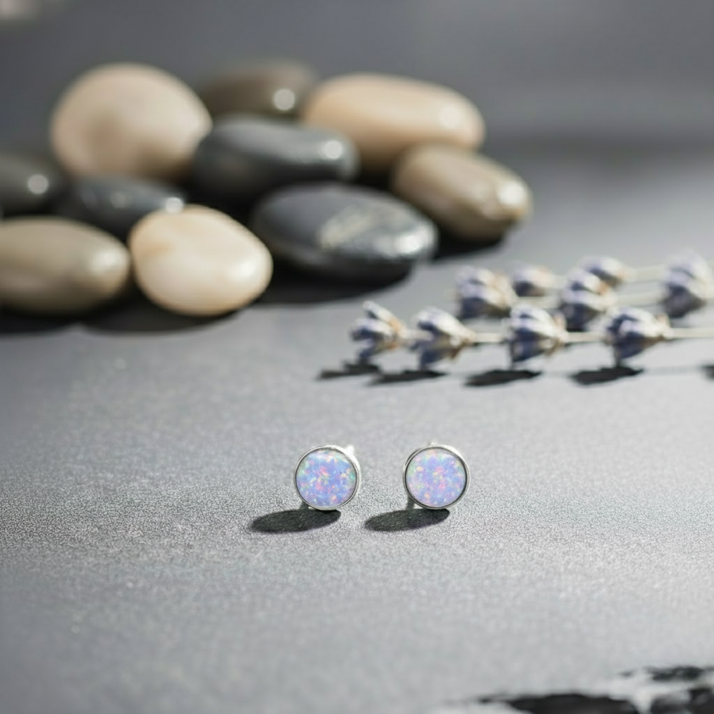 Opal stud earrings on a textured surface with stones and lavender in the background