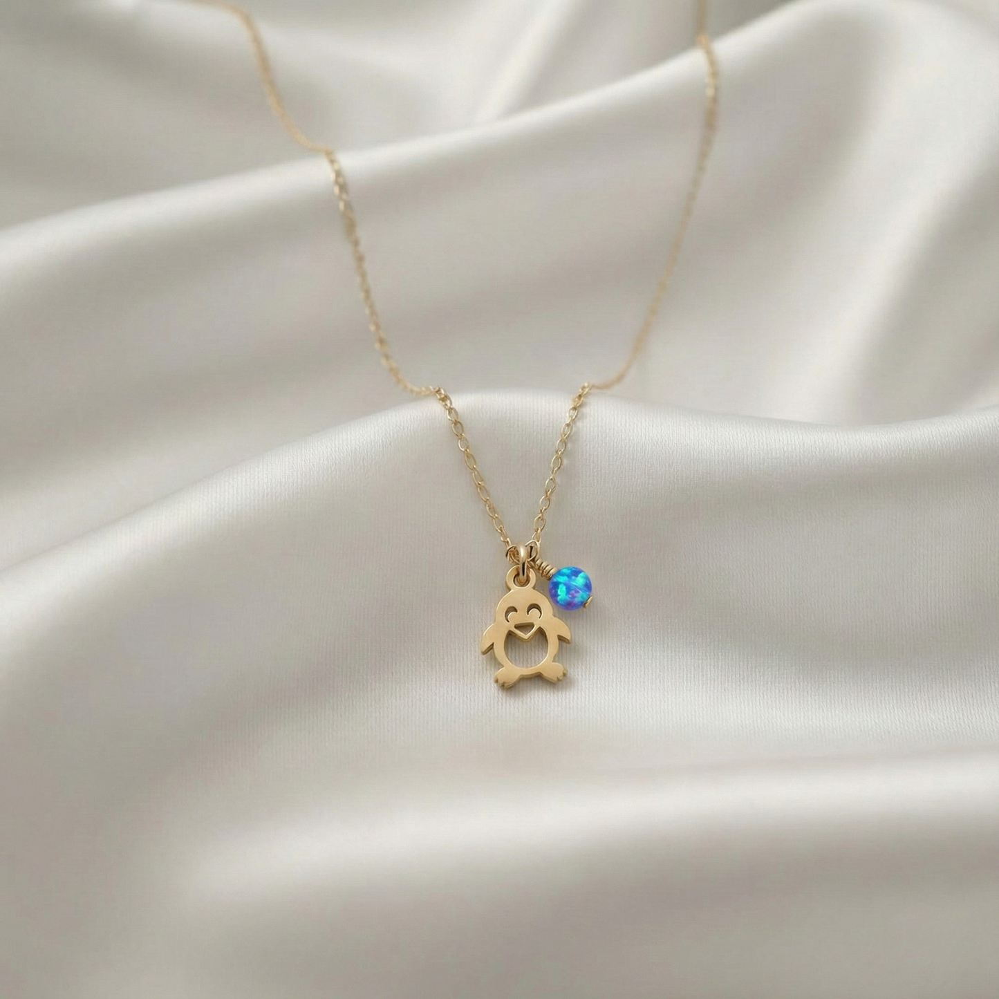 Penguin Necklace with Tiny Opal Charm