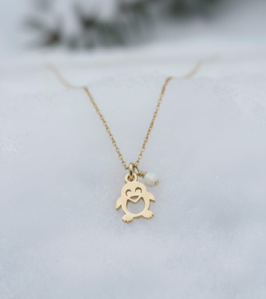 Penguin Necklace with Tiny Opal Charm