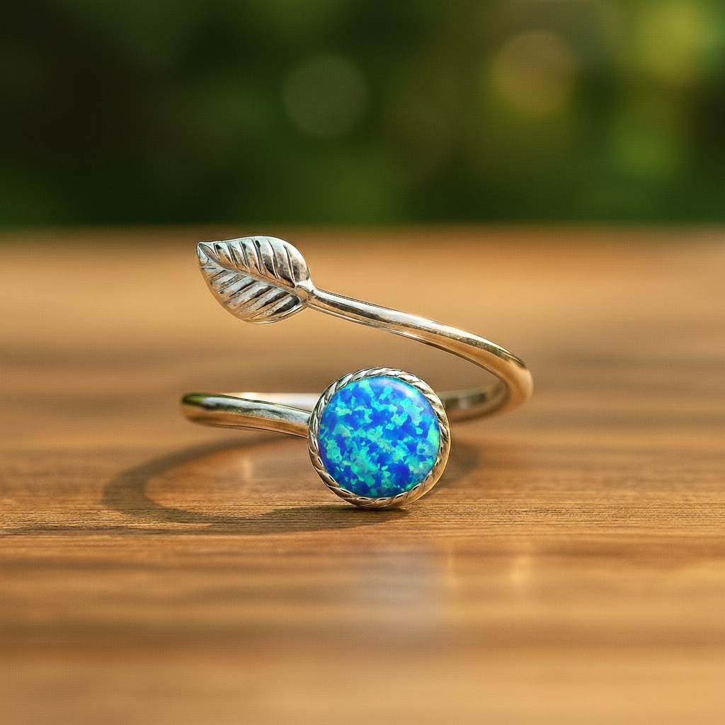 Sterling Silver Opal Leaf Ring – Adjustable Elegance