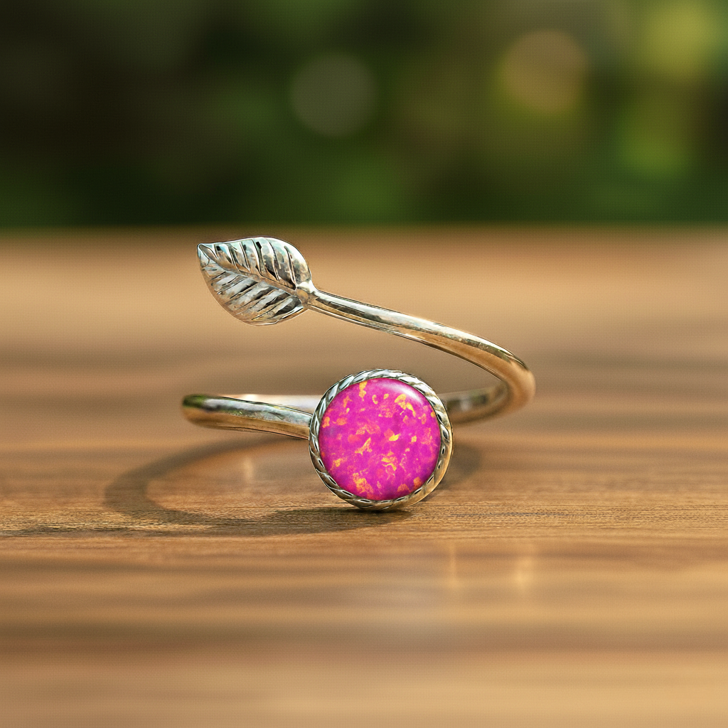 Sterling Silver Opal Leaf Ring – Adjustable Elegance
