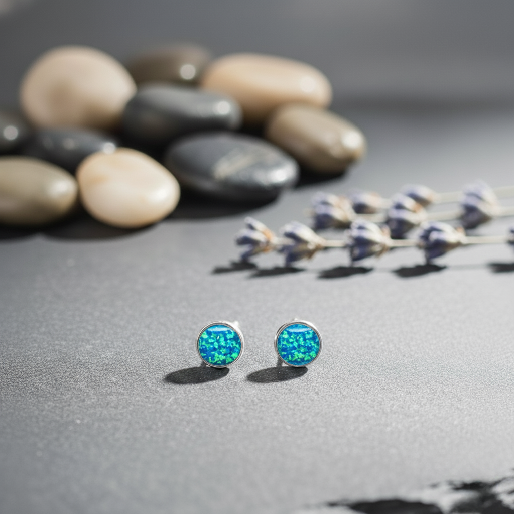 Blue opal stud earrings on a gray surface with pebbles and dried flowers in the background