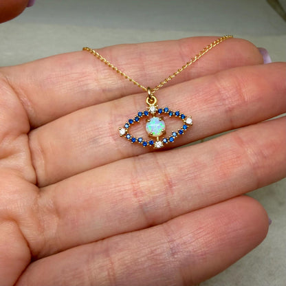 Opal Evil Eye Necklace Gold Filled CZ Pendant