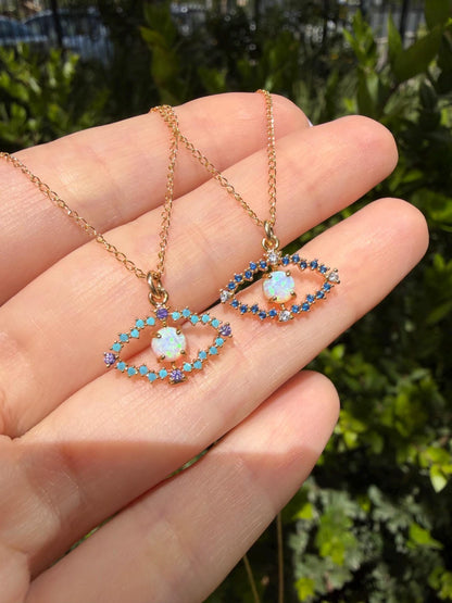 Opal Evil Eye Necklace Gold Filled CZ Pendant