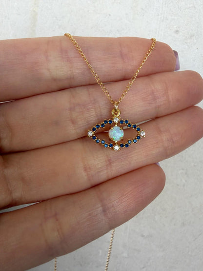 Opal Evil Eye Necklace Gold Filled CZ Pendant