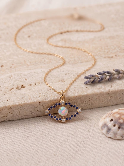 Opal Evil Eye Necklace Gold Filled CZ Pendant