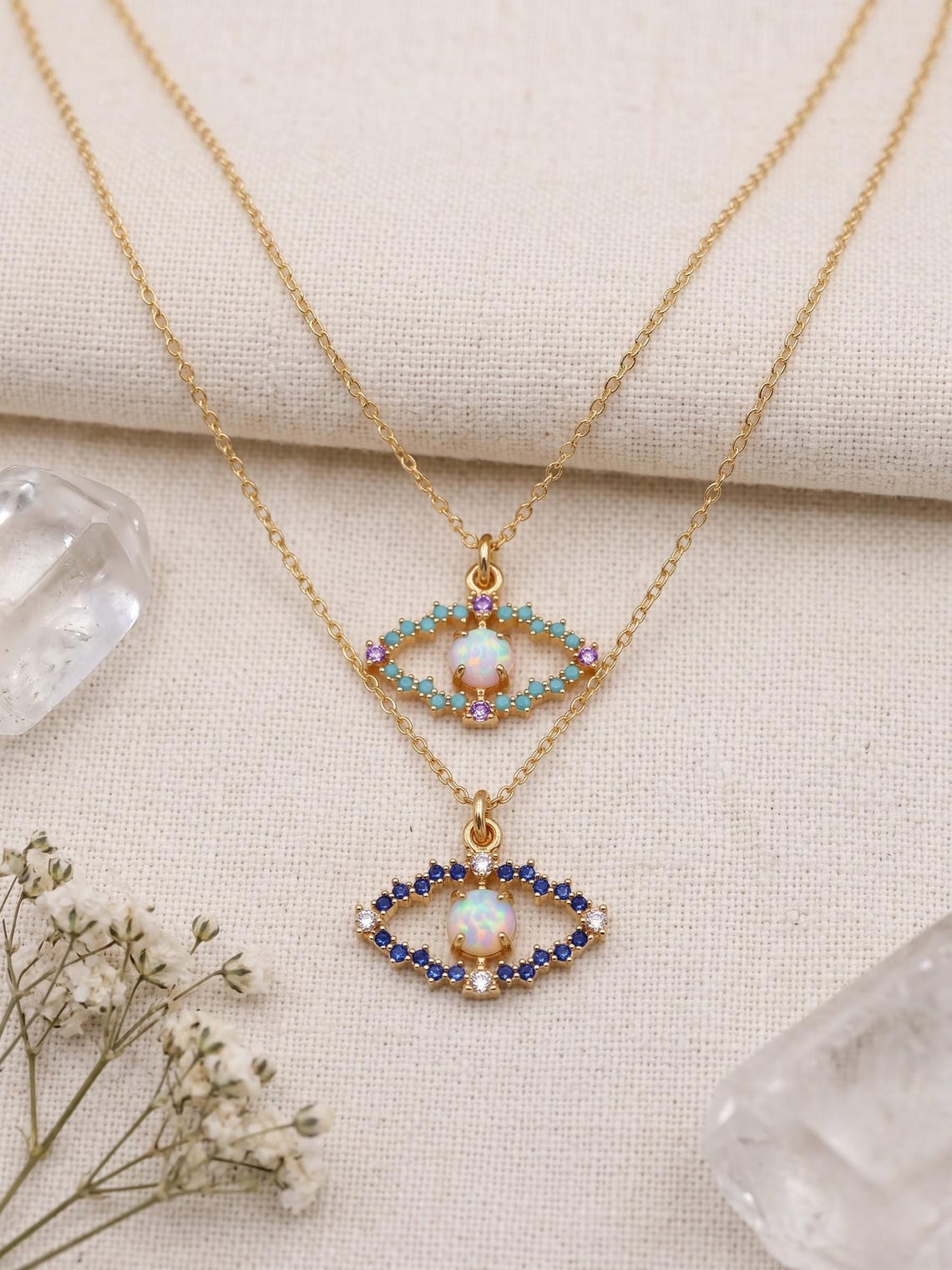 Opal Evil Eye Necklace Gold Filled CZ Pendant