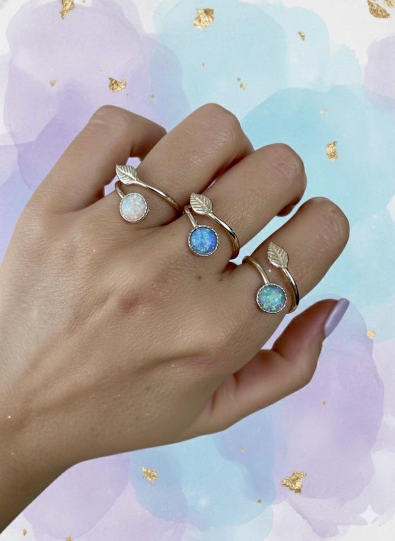 Sterling Silver Opal Leaf Ring – Adjustable Elegance
