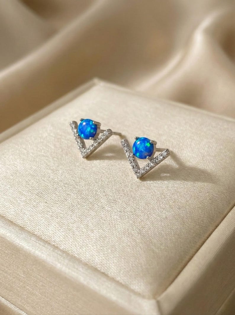 Blue Opal V Stud Earrings - 925 Sterling Silver