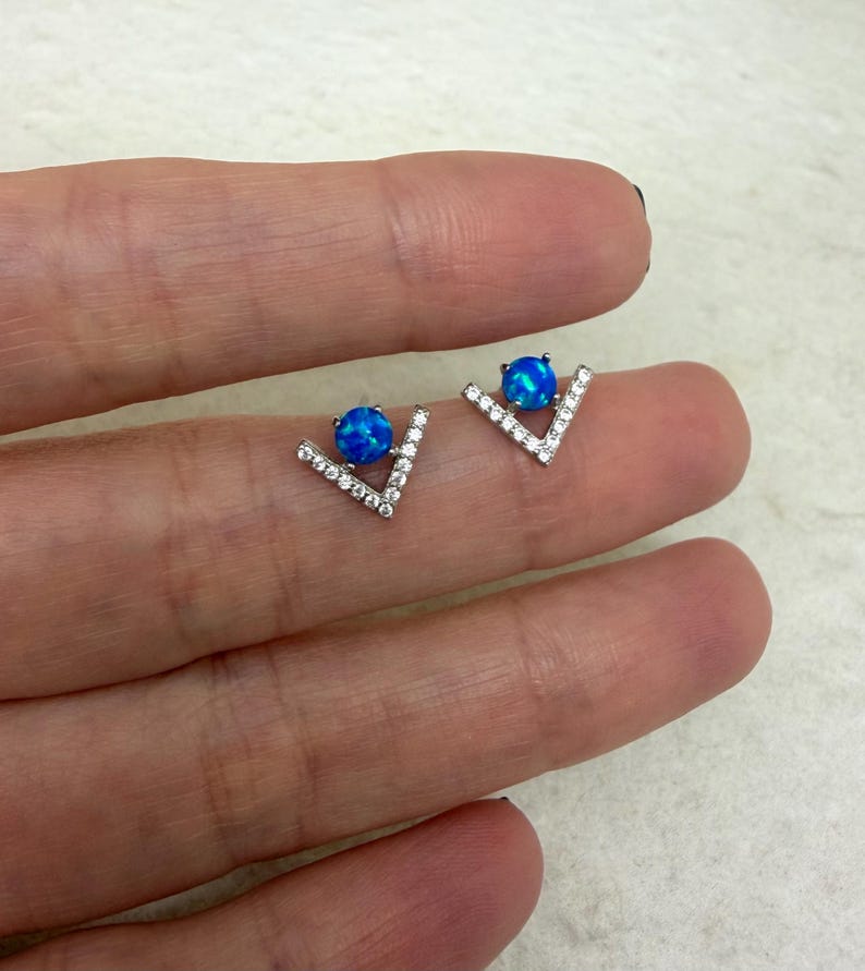 Blue Opal V Stud Earrings - 925 Sterling Silver