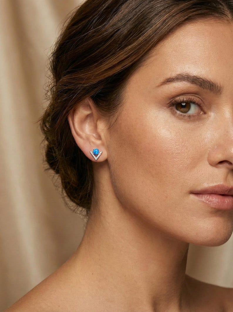 Blue Opal V Stud Earrings - 925 Sterling Silver