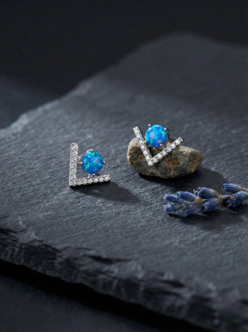 Blue Opal V Stud Earrings - 925 Sterling Silver