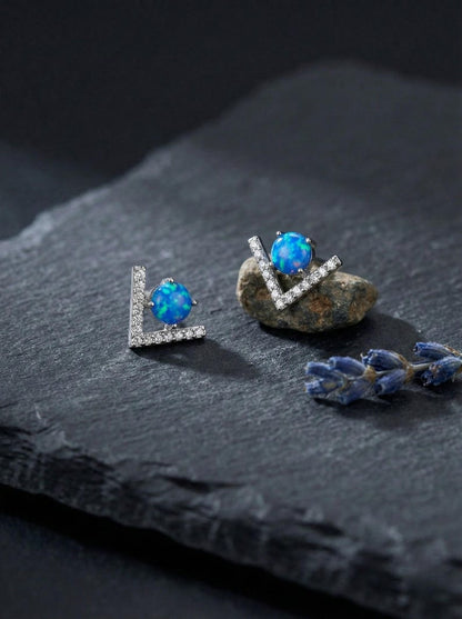 Blue Opal V Stud Earrings - 925 Sterling Silver