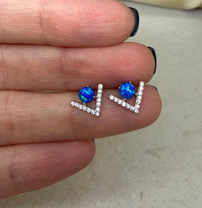 Blue Opal V Stud Earrings - 925 Sterling Silver