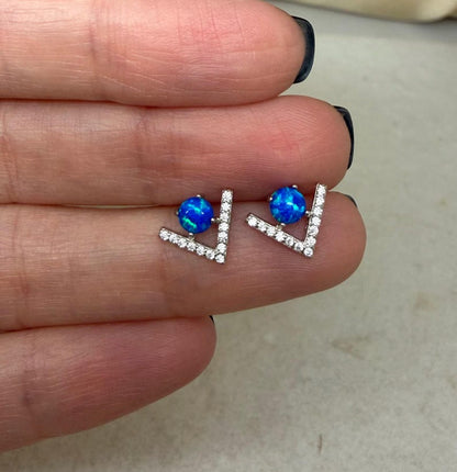 Blue Opal V Stud Earrings - 925 Sterling Silver