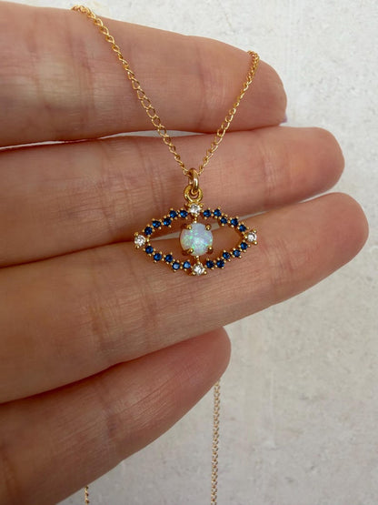 Opal Evil Eye Necklace Gold Filled CZ Pendant