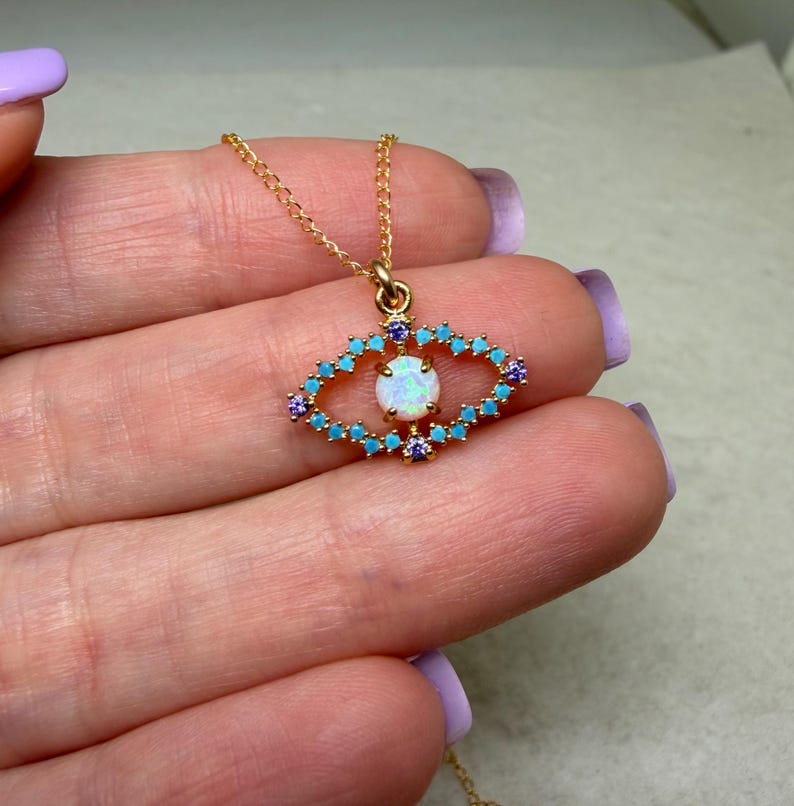 Opal Evil Eye Necklace Gold Filled CZ Pendant