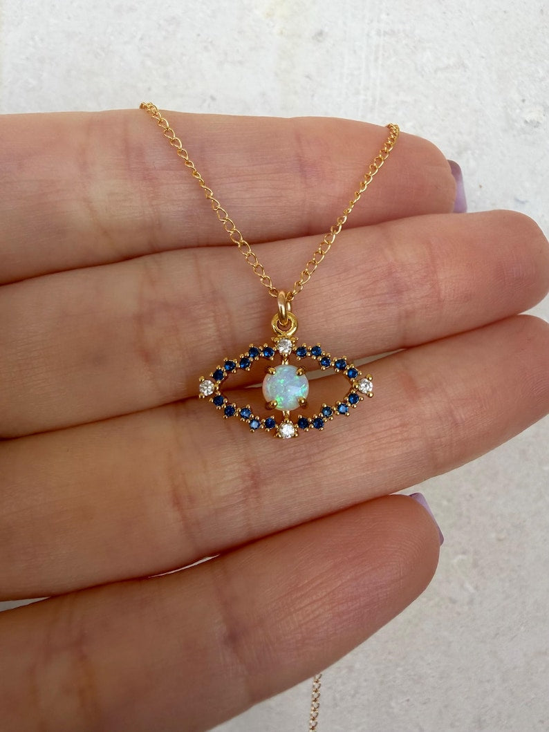 Opal Evil Eye Necklace Gold Filled CZ Pendant