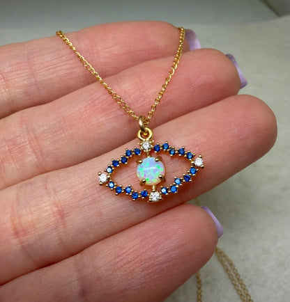 Opal Evil Eye Necklace Gold Filled CZ Pendant