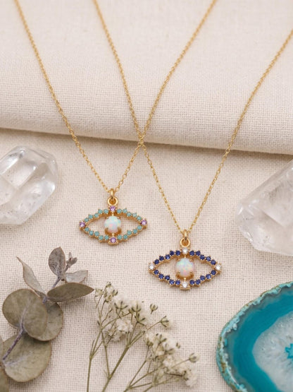 Opal Evil Eye Necklace Gold Filled CZ Pendant