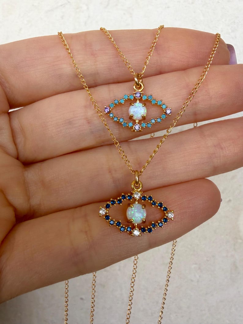 Opal Evil Eye Necklace Gold Filled CZ Pendant
