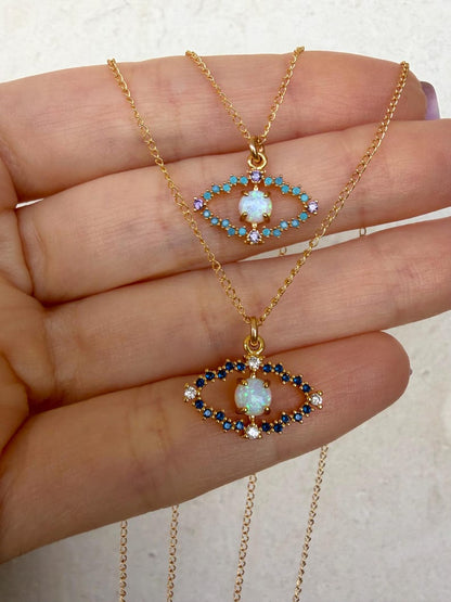 Opal Evil Eye Necklace Gold Filled CZ Pendant