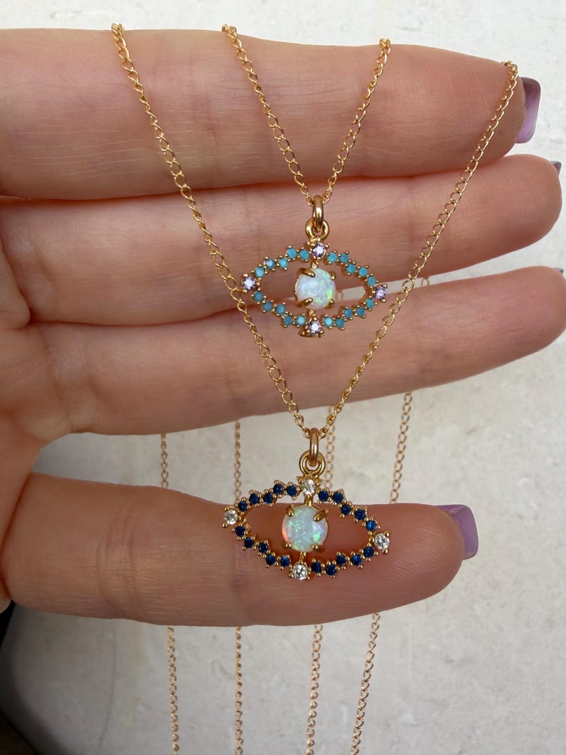 Opal Evil Eye Necklace Gold Filled CZ Pendant