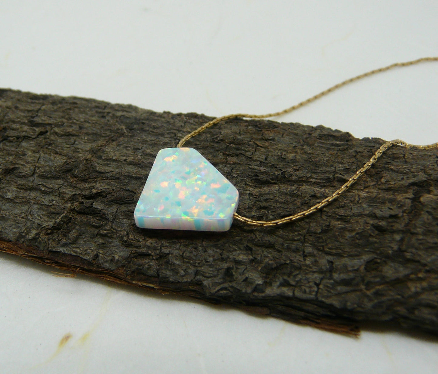 Diamond shaped Pendant, Geometric necklace, Triangle necklace, White opal necklace, Geometric jewelry, Opal jewelry