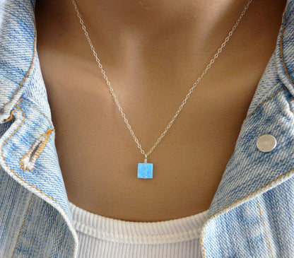 Opal square necklace, Wire wrapped Opal necklace, Blue opal charm, Opal jewelry, October birthstone, Gift for wife