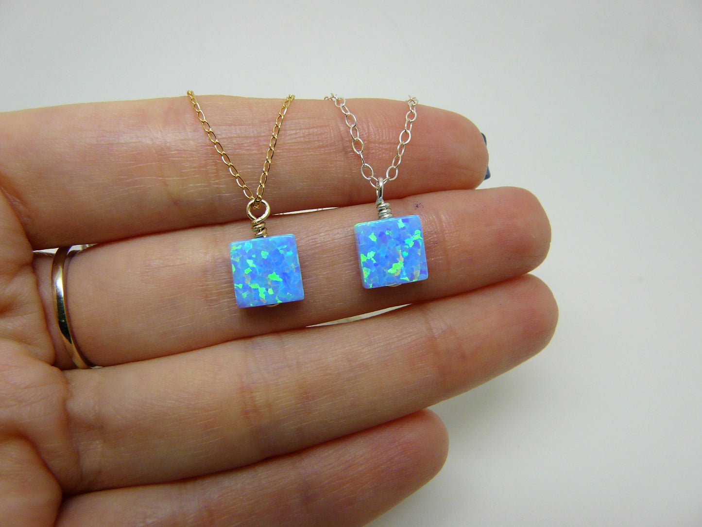 Opal square necklace, Wire wrapped Opal necklace, Blue opal charm, Opal jewelry, October birthstone, Gift for wife