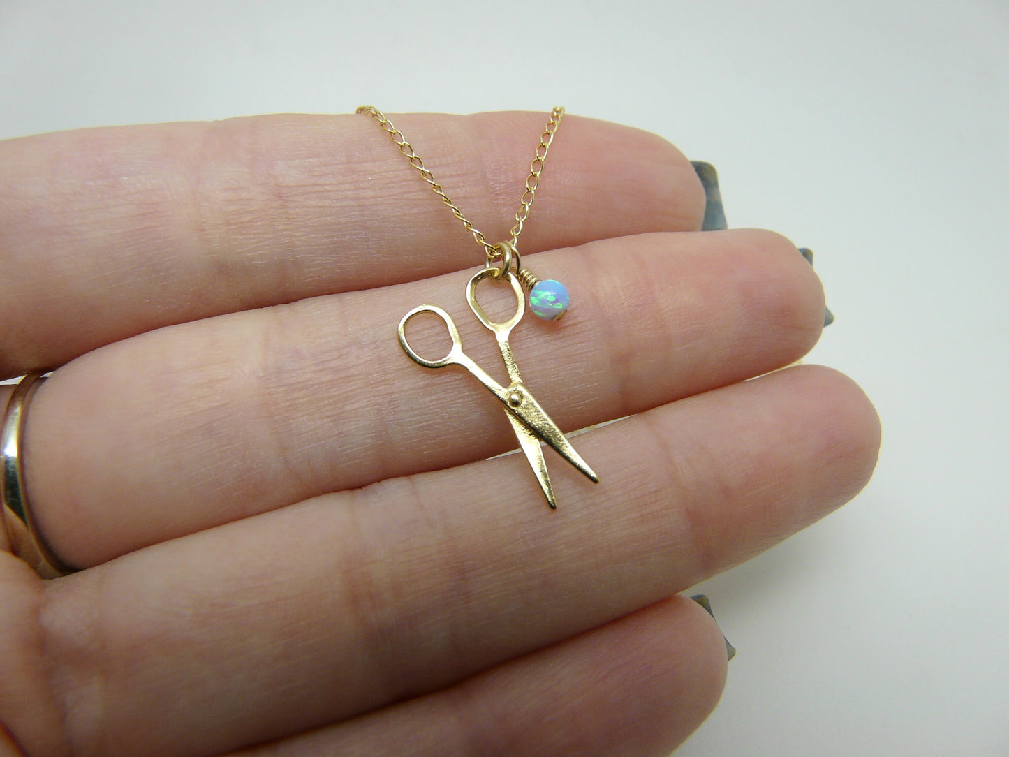 Scissors necklace, Gold filled scissors, Hair dresser, Hair stylist, Sewing necklace, Opal scissors, Original gift