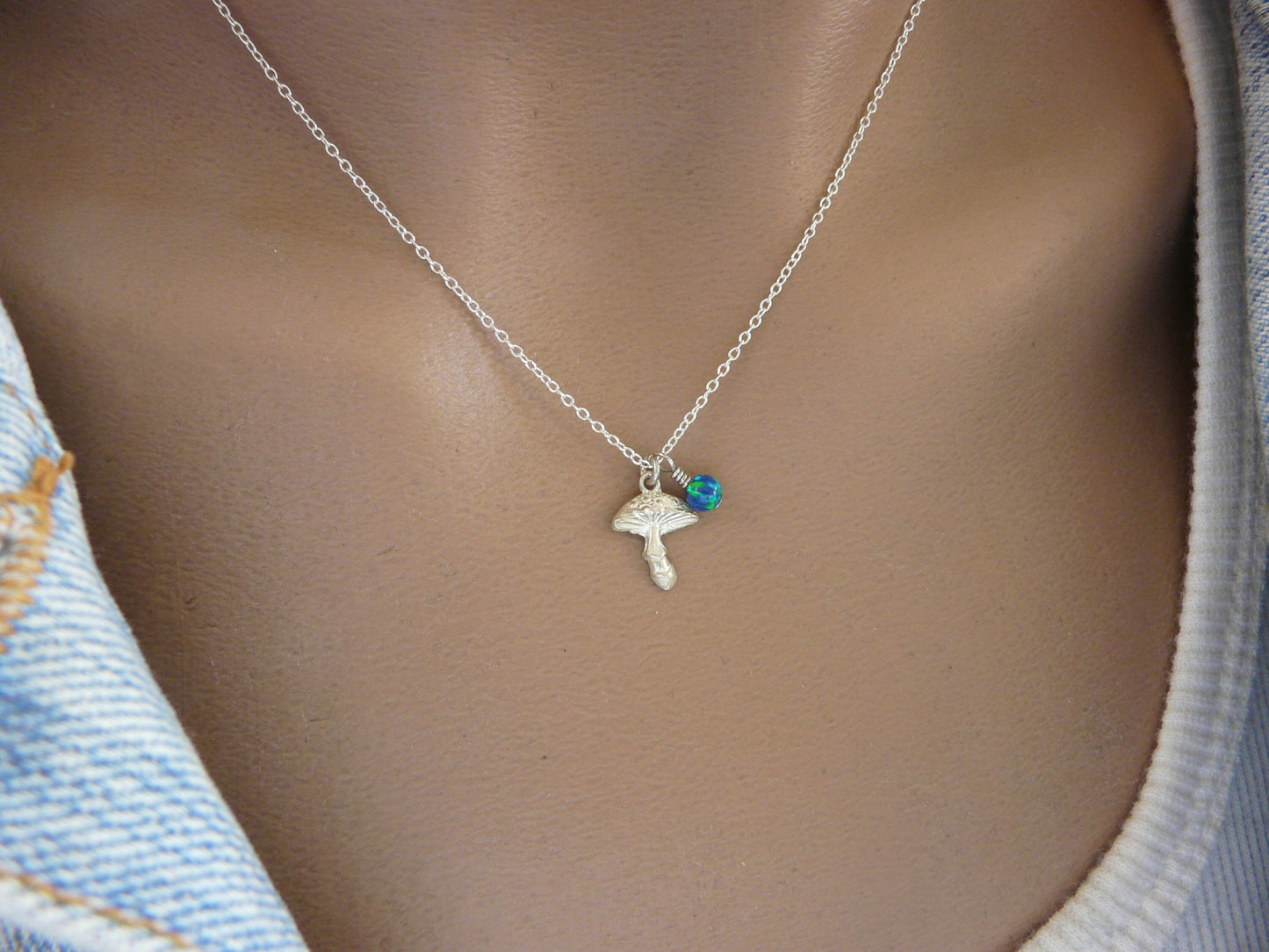 Mushroom Necklace, Mushroom Pendant, Sterling silver mushroom necklace with opal, Mushroom Charm Jewelry, Silver Mushroom, Mushroom gift