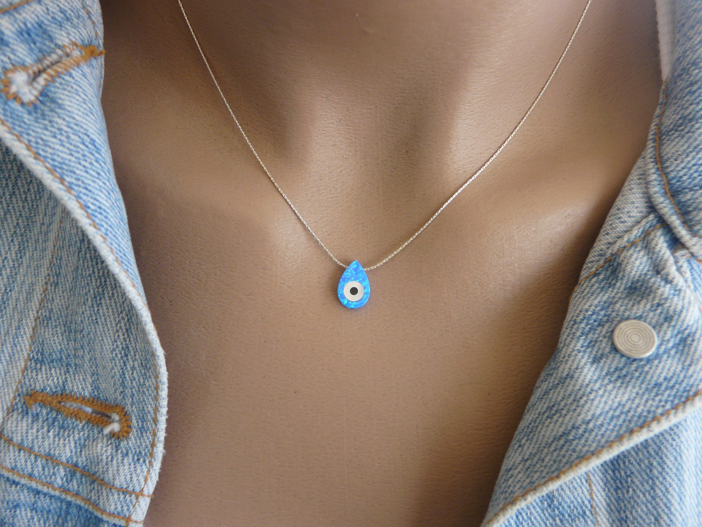 Evil Eye tear drop necklace, Blue drop opal pendant, Evil Eye Charm, Opal evil eye, Protection necklace, Gift for daughter, Gift for mom