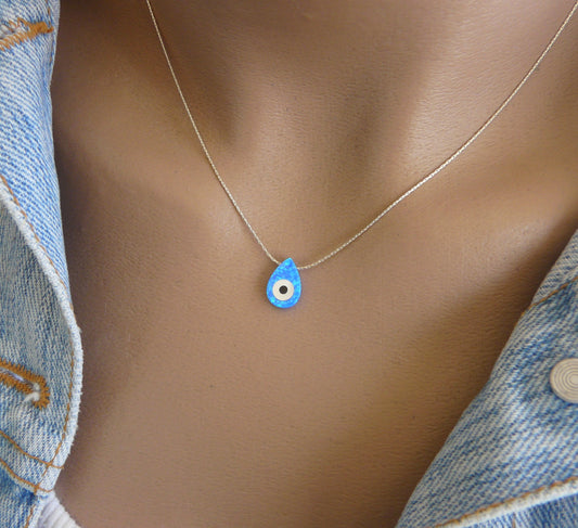 Evil Eye tear drop necklace, Blue drop opal pendant, Evil Eye Charm, Opal evil eye, Protection necklace, Gift for daughter, Gift for mom