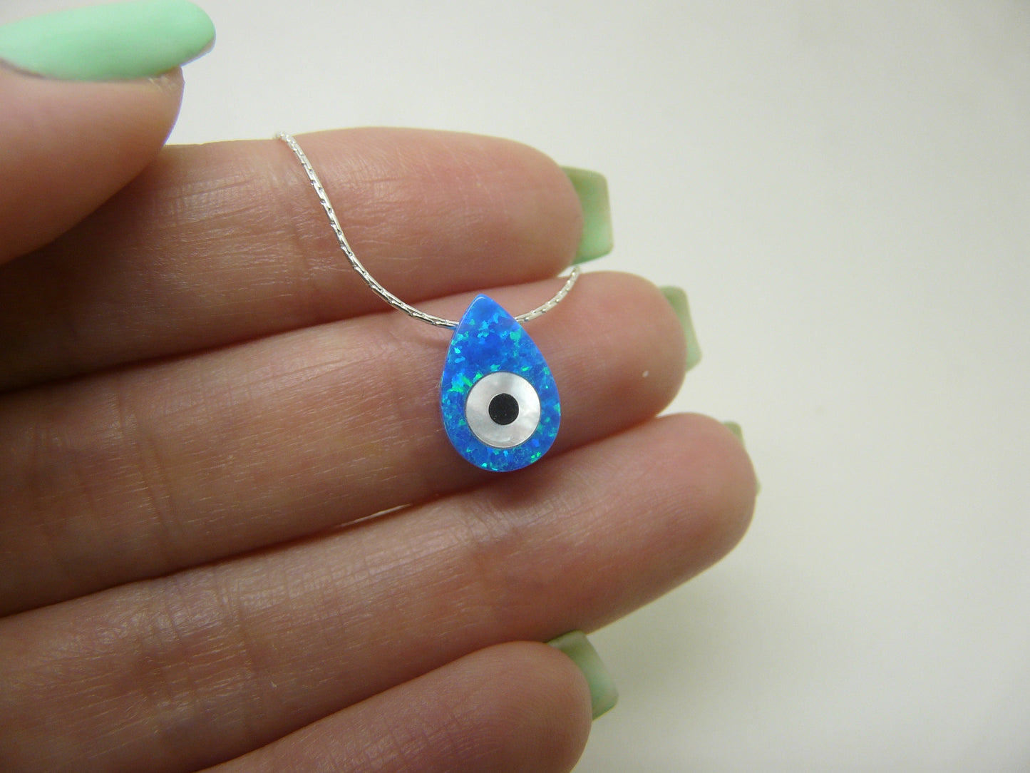 Evil Eye tear drop necklace, Blue drop opal pendant, Evil Eye Charm, Opal evil eye, Protection necklace, Gift for daughter, Gift for mom