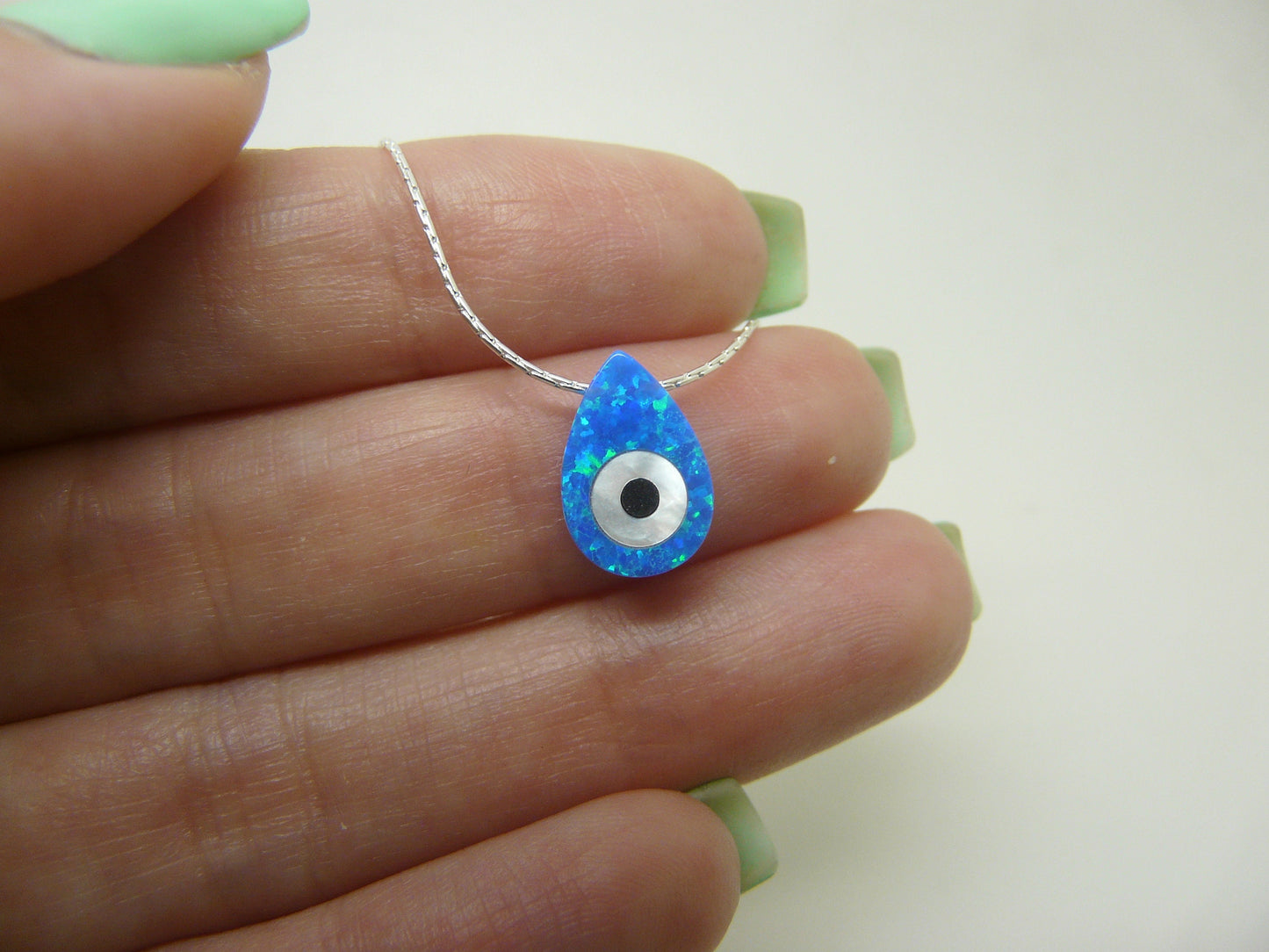 Evil Eye tear drop necklace, Blue drop opal pendant, Evil Eye Charm, Opal evil eye, Protection necklace, Gift for daughter, Gift for mom