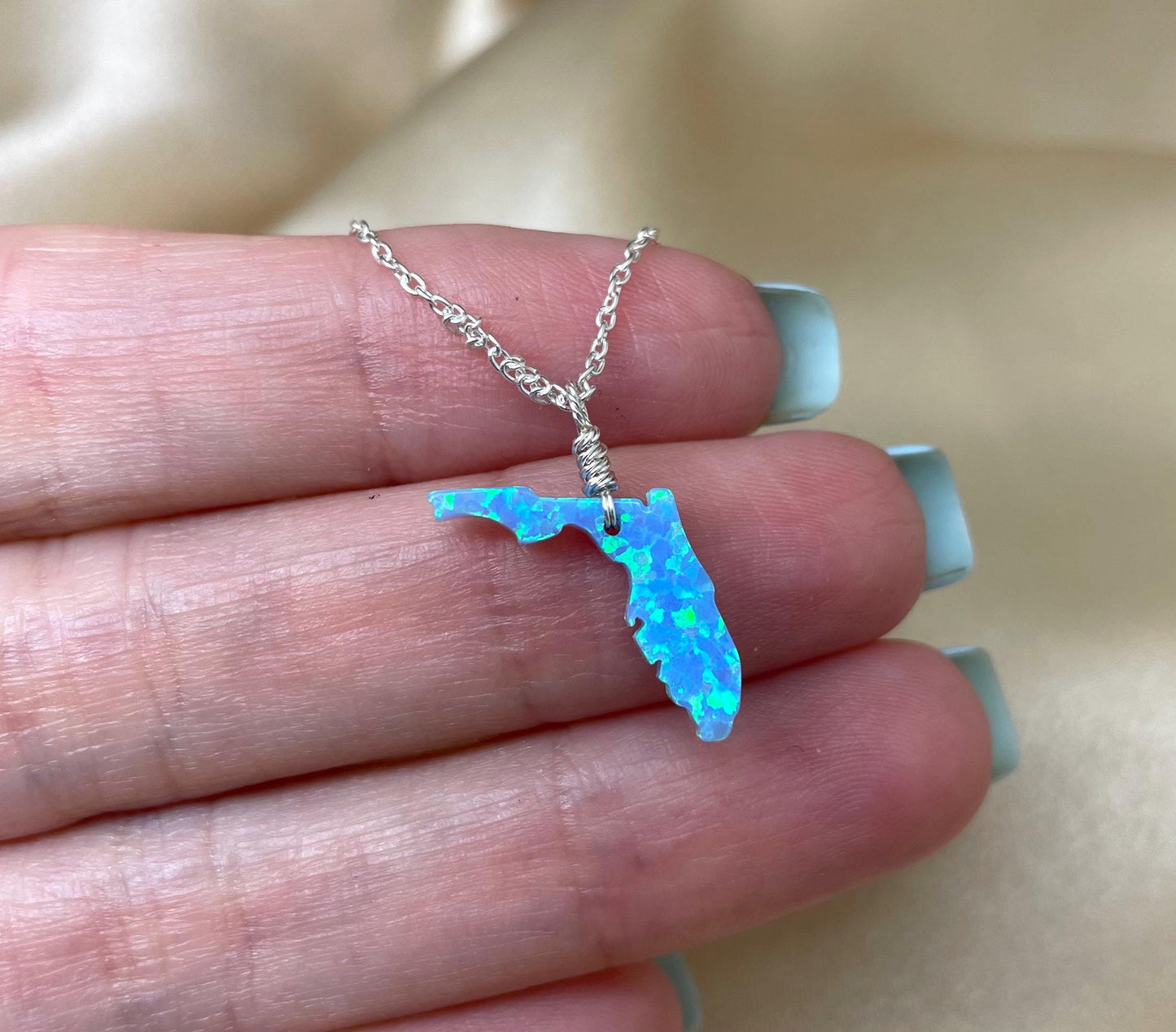 Florida necklace, Florida state necklace, Blue Opal FL Pendant, Map necklace, Florida shape state necklace, FL necklace, White FL necklace