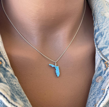 Florida necklace, Florida state necklace, Blue Opal FL Pendant, Map necklace, Florida shape state necklace, FL necklace, White FL necklace